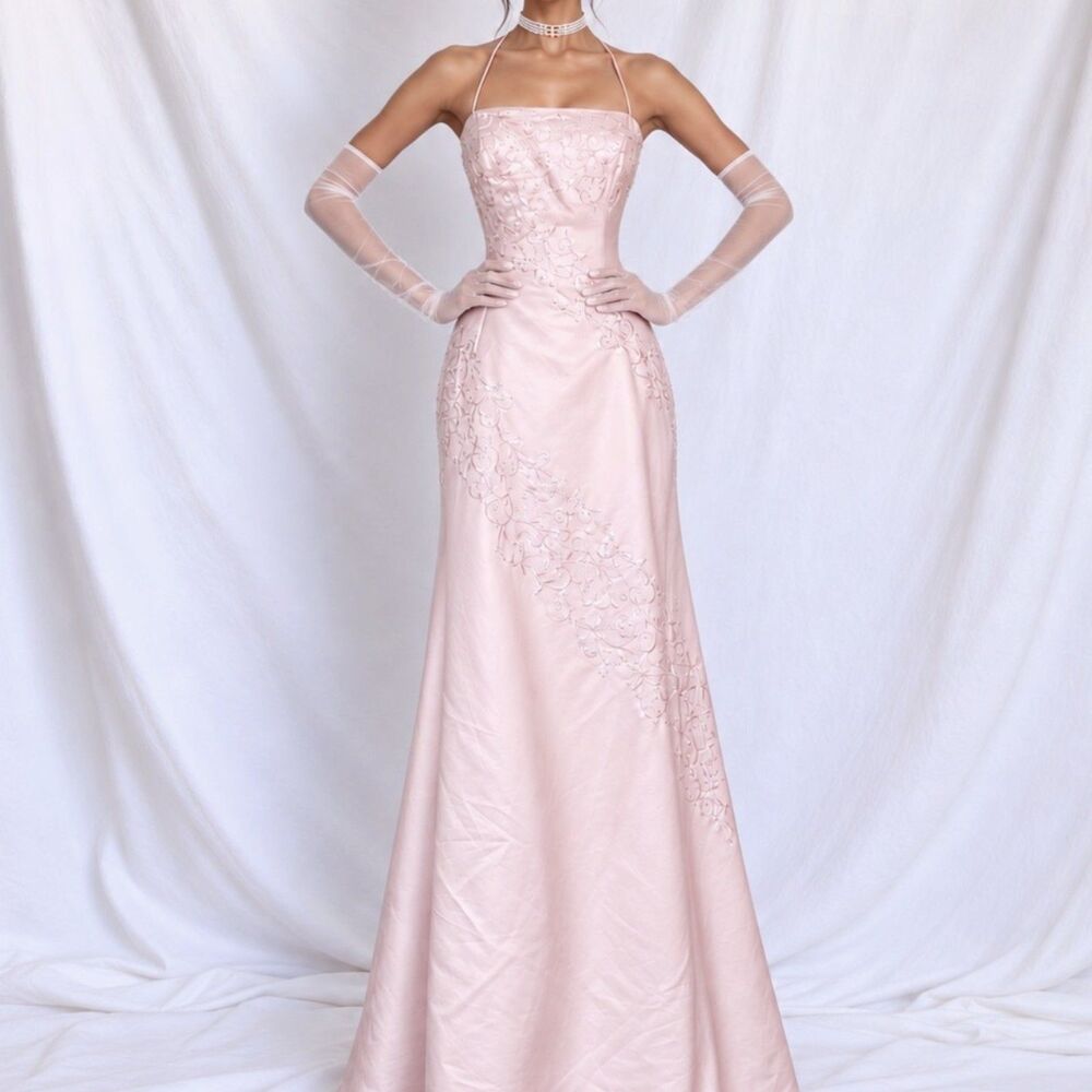 Vintage Y2K Pastel Pink Satin Floral Beaded Halter Flared Maxi Prom Dress Size M